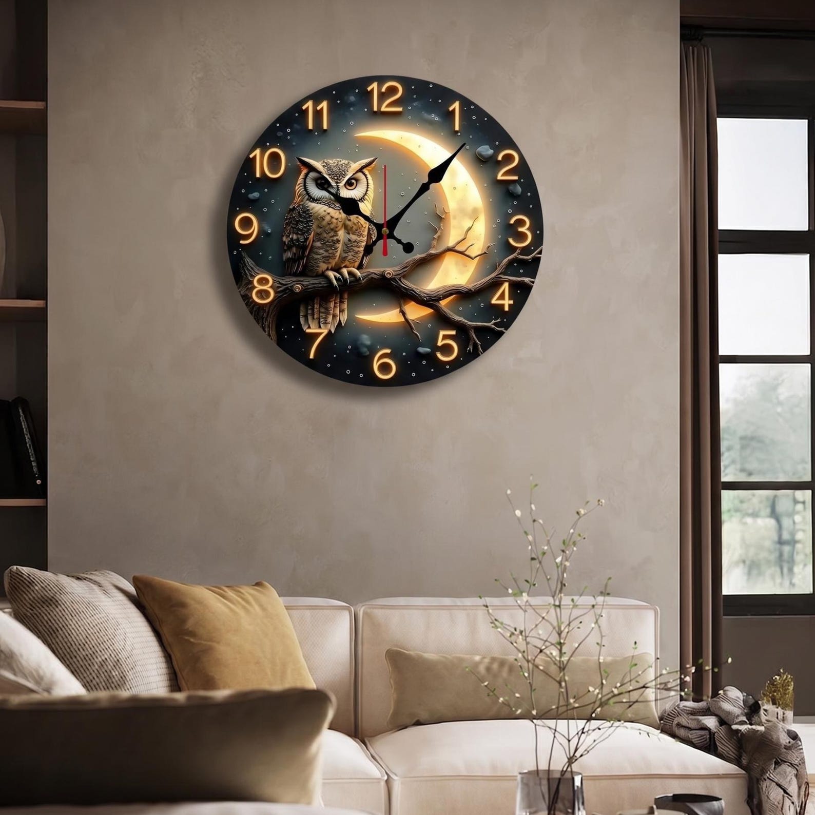 Moonlit Owl Wall Clock – Rustic Cottagecore Forest Clock
