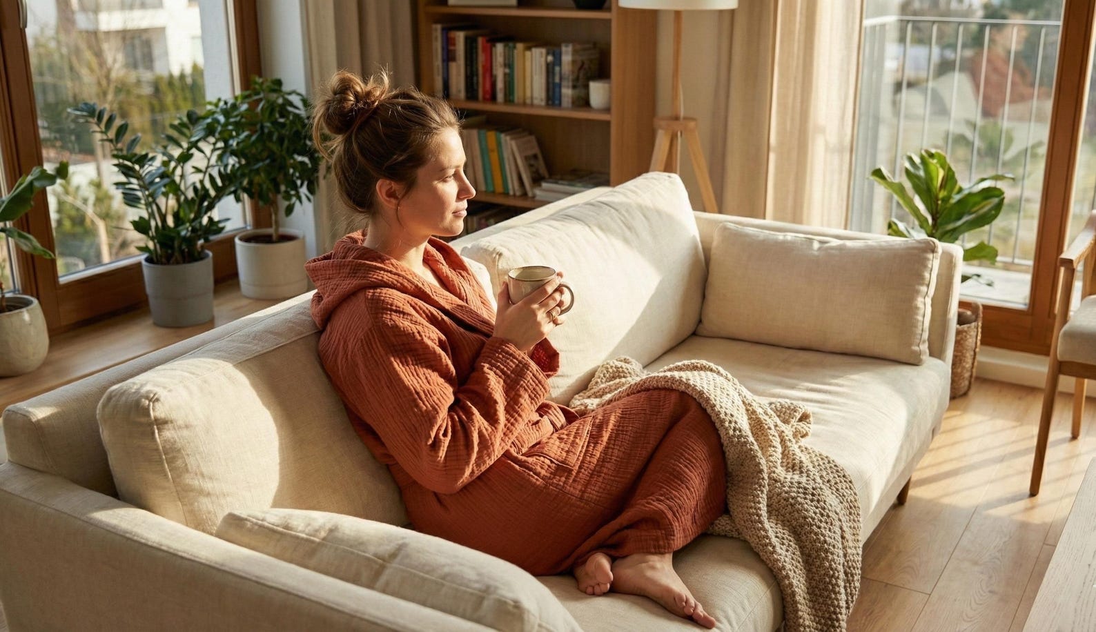 Muslin Bathrobe – 4-Layer Hooded Cotton Robe, Terracotta